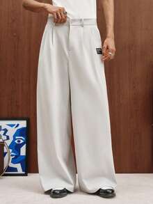 TOKVUE Men's Letter Embroidered Pleated Wide Leg Loose Suit Pants - Light Grey - View 5