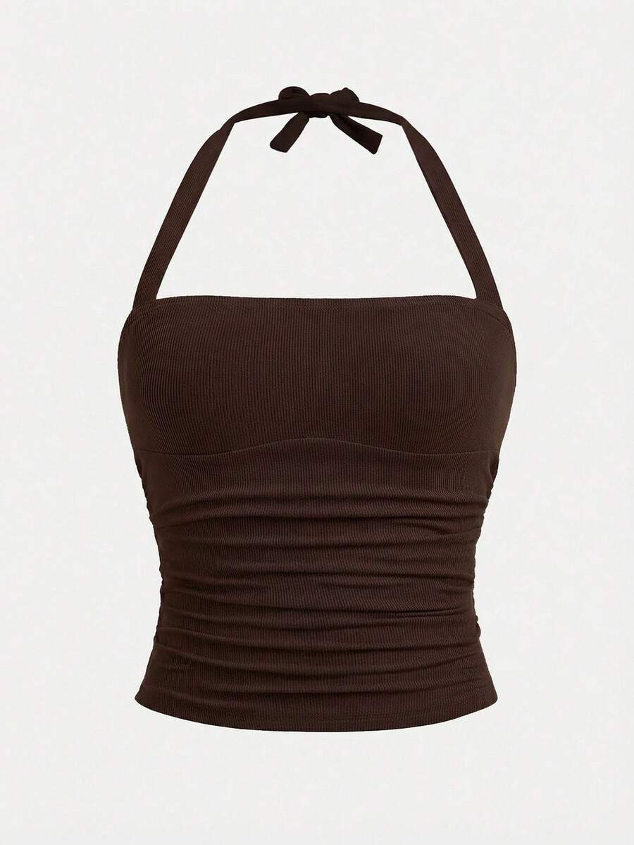 SHEIN Girlism Teen Girl Spring & Summer Street, All-Match, Casual, Versatile, Teenage Leisure Holiday Strapless Ruched Elastic Bow Fitted Crop Top - Brown - View 1