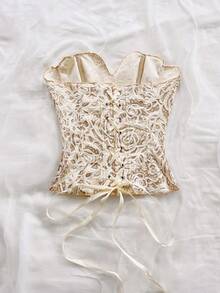 Soleia 露肩蕾絲雙層貼身束身胸衣上衣，鏤空刺繡白色金屬色夏季優雅婚禮賓客夜店女裝套裝 - 彩色 - 查看 2