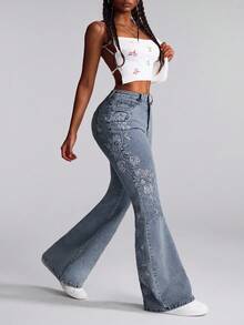 Selenza Quần jeans ống loe nữ, kiểu dáng thường ngày, thêu hoa, đã qua xử lý giặt. - Màu xanh lam - Xem 4