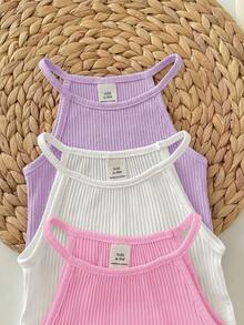3pcs Baby Girl Summer Casual Vacation & Daily Wear Solid Color Ribbed Knit Halter Top - Multicolor - View 5