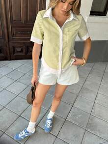 Pariaura Yellow Patchwork Contrast Color Lapel Pocket Casual Smart Casual Short Sleeve Shirt For Women Vacation Summer - Light Yellow - View 6
