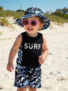 SHEIN Baby Jungen Set aus Buchstaben-Muster Rundhals Tank Top und Allover-Muster Shorts, Casual Outfit - Schwarz - Übersicht 1