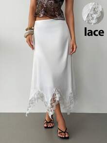 Siren Gaze Chân váy chữ A phối ren và satin mới cho mùa xuân/hè dành cho nữ. - trắng - Xem 6