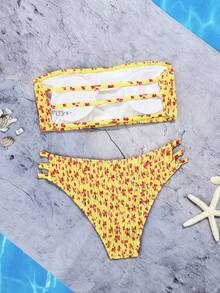 Swim Mod 女款奶油黃夏季休閒可愛碎花比基尼套裝，露背無肩帶兩件式海灘穿搭，度假海灘裝 - 黃色 - 查看 4