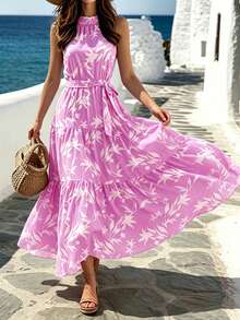 Breezaya Đầm maxi cổ yếm, xếp lớp, họa tiết toàn thân, có thắt lưng, họa tiết yếm, thích hợp cho kỳ nghỉ biển của nữ. - Hồng - Xem 6