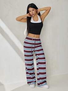 SHEIN PETITE 女士酒红色条纹复古休闲抽绳腰裤/休闲裤/家居裤/条纹直筒裤/新年裤/外出裤/女士休闲装条纹阔腿裤 - 咖啡棕 - 查看 4