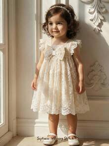 Cozy Pixies Đầm không tay cổ bèo nhún thắt eo cho bé gái, đa năng và thoải mái. - Màu be - Xem 1