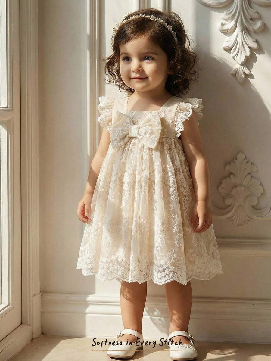 Cozy Pixies Đầm không tay cổ bèo nhún thắt eo cho bé gái, đa năng và thoải mái. - Màu be - Xem 1