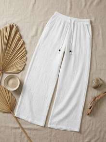 SHEIN Tall Pantalones blancos de algodón 100% lavados, de estilo minimalista básico bohemio, para conciertos de verano, salidas y playa - Blanco - Ver 9