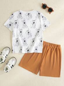 SCOOBY-DOO X SHEIN Cartoon-Muster Rundhals Kurzarm T-Shirt und Shorts Casual Outfit für kleine Jungen - Braun - Übersicht 2