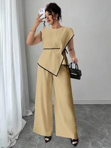 Elenzga Asymmetrical Waist Cinched Short Sleeve 2 Pieces Set, Plus Size - Apricot - View 4
