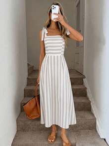 Women's Striped Tie Shoulder Casual Dress Women's Sleeveless Square Neck Striped A Line Maxi Dress VacationChic Women's Vertical Striped A Line Long Dress With Tie Shoulder Straps Summer Dress Spring Dresses Easter Dress Women Beach Dress Dress For Wedding Guest Vacation Dress,Summer Dresses For Women - Multicolor - View 2