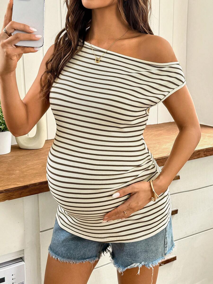 SHEIN Áo thun bầu cổ tròn tay ngắn kẻ sọc, kiểu dáng thường ngày, đa năng. - Nhiều màu - Xem 1