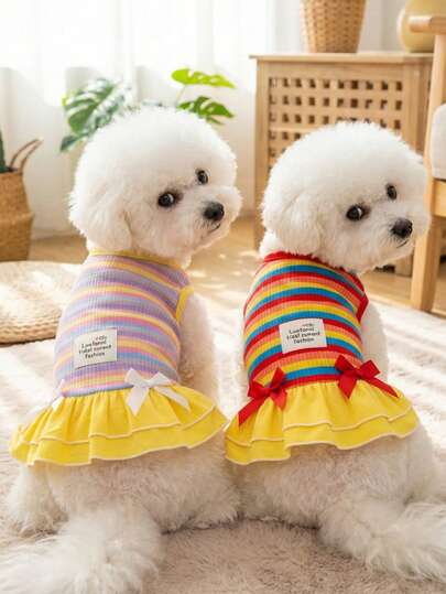 PETSIN Đầm sọc cầu vồng màu vàng co giãn dành cho mèo và chó nhỏ và vừa, thoáng khí và thoải mái, thích hợp cho chụp ảnh trong nhà/ngoài trời và mặc thường ngày.