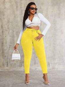 SHEIN SXY Plus Size Pearl Decor Stretchy Blue Denim Skinny Pants - Yellow - View 3