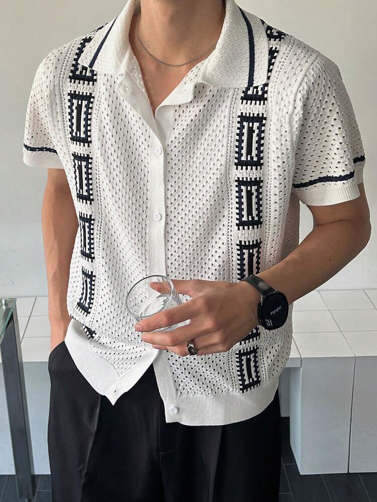 Men's Hollow-Out Design Colorful Cardigan Short Sleeve Knit Top, Summer