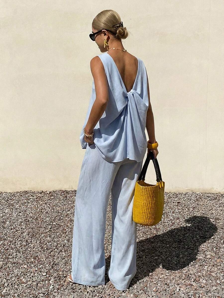DAZY Women's Round Neck Sleeveless Top With Twist Back Design And Wide Leg Pants, Vacation Style 2 Pieces Set Summer - Blue - View 1