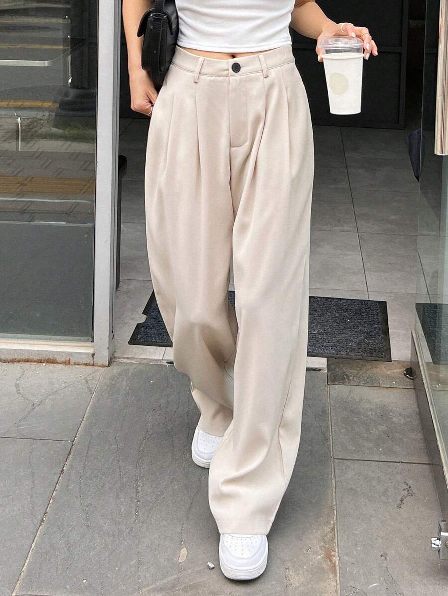 DAZY Women's Solid Color Pleated Straight Leg Casual Loose Pants Petite - Beige - View 1