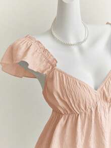 Elamini Áo hai dây croptop cổ thấp hở lưng gợi cảm viền bèo nhún màu xanh dương của cô nàng Mori Girl - Màu Hồng  San hô - Xem 3