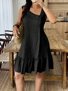 Weeklong Vestido mini de línea A con cuello asimétrico, botones, tela texturizada y volante en el bajo para mujer de talla grande, uso casual y de vacaciones, primavera/verano - Negro - Ver 5