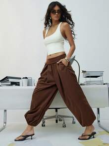 Hauture Casual High Waist Lantern Leg Pants With Pockets For Women - Brown - View 5