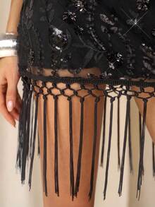 Elamini Women's Black,Summer,70's,Nightclub,Party Disco Bombshell Deep V-Neck Spaghetti Strap Mesh Heavily Embroidered Floral Beaded Tassel Fringe Dress - Black - View 5