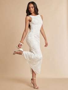 Silquee Vestido de mujer sin mangas de cuello redondo con jacquard de malla, primavera/verano - Blanco marfil - Ver 4