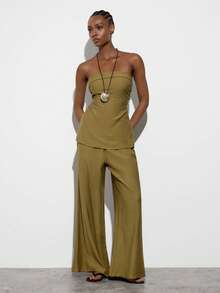 Maija Women's Summmer Casual Casual Minimalist Olive Green Bandeau Top And Pants 2 Pieces Set,Festival Outfits, Sets, Holiday Outfits Vacation - Olive Green - View 6