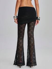 TypaGal Women's Black Lace Floral Autumn Trashy Y2k Sexy Party Clubbing 2 In 1 Lace Fabric Flared Pants Slim Fit.Vintage Holiday Ibiza Beachwear Boho Chic - Black - View 2