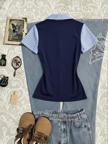 SHEIN Plus Size Women Summer Casual Striped Patchwork Top - Navy Blue - View 2