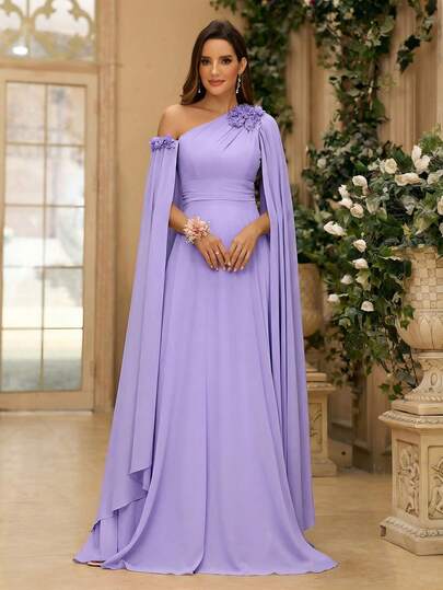 SHEIN Belle 3D Floral, Flowing Sleeve, Asymmetric Shoulder Chiffon Bridesmaid Dress, Women's Formal Evening Gown (Embellished)