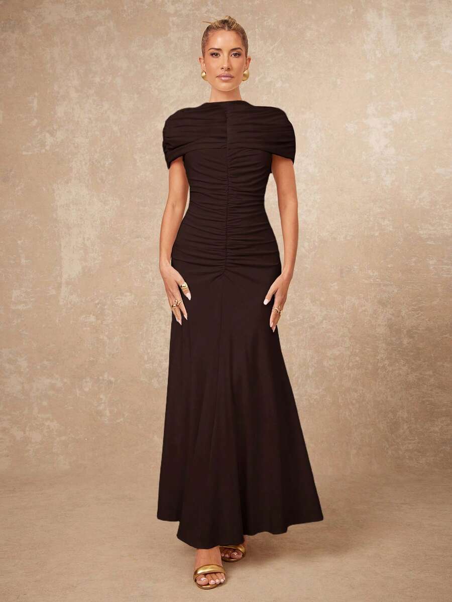 Lumalex 女士褶皱修身收腰喇叭连衣裙 - 咖啡棕 - 查看 1