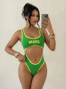 Swim Mod Women's One-Piece Swimsuit, Sexy Green Floral Print Beach Vacation Outfit, Spring/Summer - Green - View 3