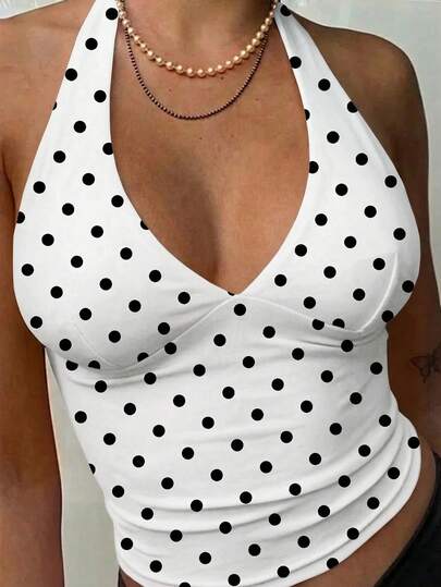 MainGRL Casual Minimalist White Halter Top Paired With Black Polka Dot Print Women Tank Top