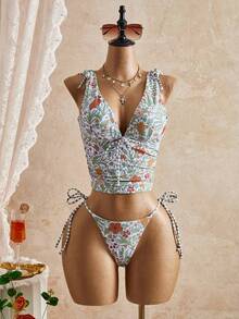 Bellisia 26SS 春夏度假植物印花女士吊带泳衣套装 - 綠色 - 查看 5