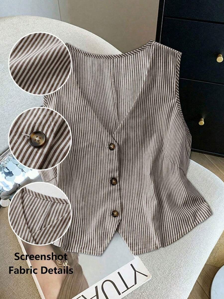 SHEIN LUNE 大码女式条纹V领单排扣休闲百搭日常衬衫 - 棕色 - 查看 1