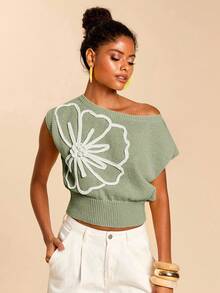 Travachic Women 3D Floral Decor Asymmetric Collar Knit Top - Mint Green - View 6