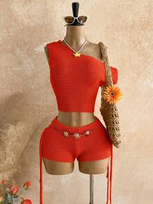 Soleia Bộ 2 món gồm áo croptop dệt kim lệch vai màu trơn và quần short dệt kim có tua rua dành cho nữ. - trái cam - Xem 4