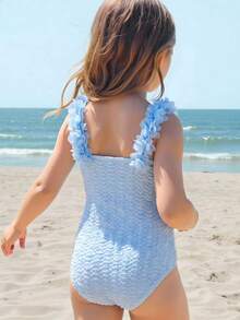 SHEIN Bộ đồ bơi liền thân màu xanh dương họa tiết hoa dễ thương dành cho bé gái tuổi teen, thích hợp cho mùa hè. - Màu xanh lam - Xem 2