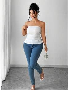 Elenzga Áo camisole xếp ly đính đá lấp lánh, ôm sát, thanh lịch dành cho nữ cỡ lớn - trắng - Xem 5