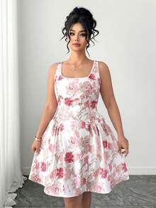Elenzga Plus Size Women Elegant Square Neck Floral Print Casual Summer Dress - Multicolor - View 6
