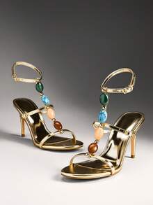 SHUZIA Women's Sexy Elegant Gemstone Decor Ankle Strap Stiletto Heel Sandals - Gold - View 7