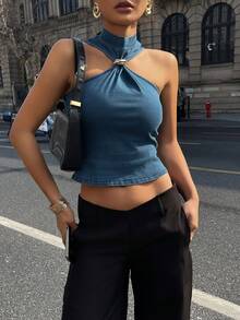 DAZY Summer Vacation Halter Metal Decor Fitted Women Denim Top - Blue - View 5