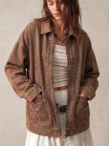 Bohemela Women's Casual Loose Long Sleeve Zip Pocket Plus Size Jacket In Fall/Winter - Coffee Brown - View 7