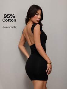 SHEIN PETITE Đầm ngắn hở lưng dành cho nữ, chất liệu dệt kim 100% cotton, thoải mái, đa năng, phù hợp cho kỳ nghỉ, hẹn hò và mặc hàng ngày. - màu đen - Xem 5