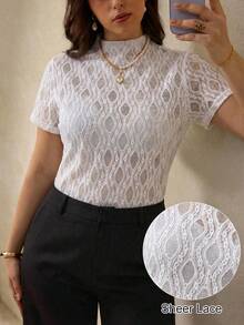 Elegantrix 1 pieza Camiseta de mujer de talla grande con cuello de pie hueco y estampado de polvo, elegante y casual, para primavera/verano - Blanco - Ver 1