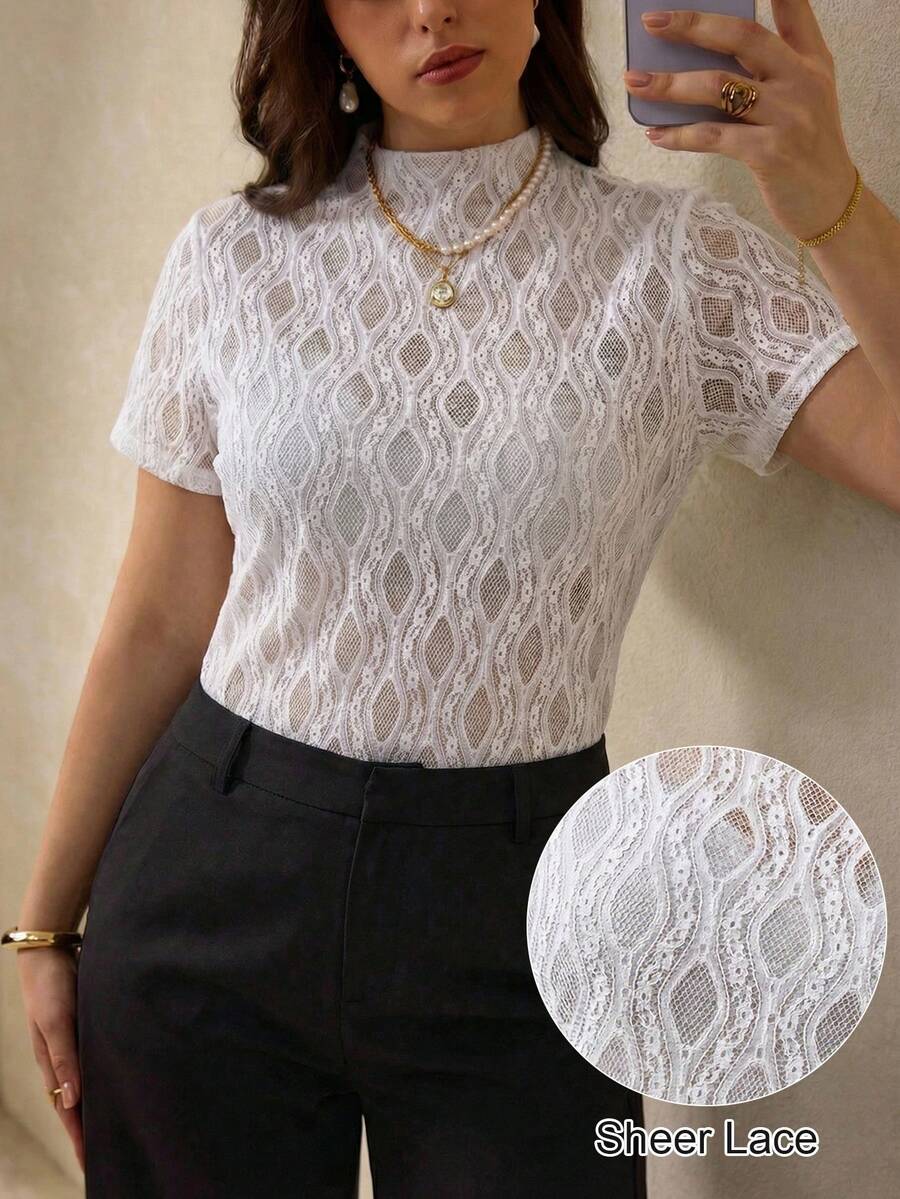 Elegantrix 1 pieza Camiseta de mujer de talla grande con cuello de pie hueco y estampado de polvo, elegante y casual, para primavera/verano - Blanco - Ver 1