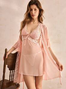 Charlaine Bảng ren Tay áo có dây thắt lưng Lưới & Váy Cami Bộ PJ / Bộ Pyjama không có nội y - Màu Hồng  San hô - Xem 1