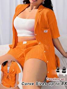 SHEIN CURVE+ Bộ 2 món áo sơ mi ngắn tay và quần short màu tím cỡ lớn dành cho nữ, thích hợp cho mùa hè, dáng người đầy đặn, đi nghỉ mát/đi biển/đầm đi biển/trang phục đi biển/đồ cần thiết đi biển/lễ tốt nghiệp/đầm dự tiệc trà/áo thun in hình - trái cam - Xem 6